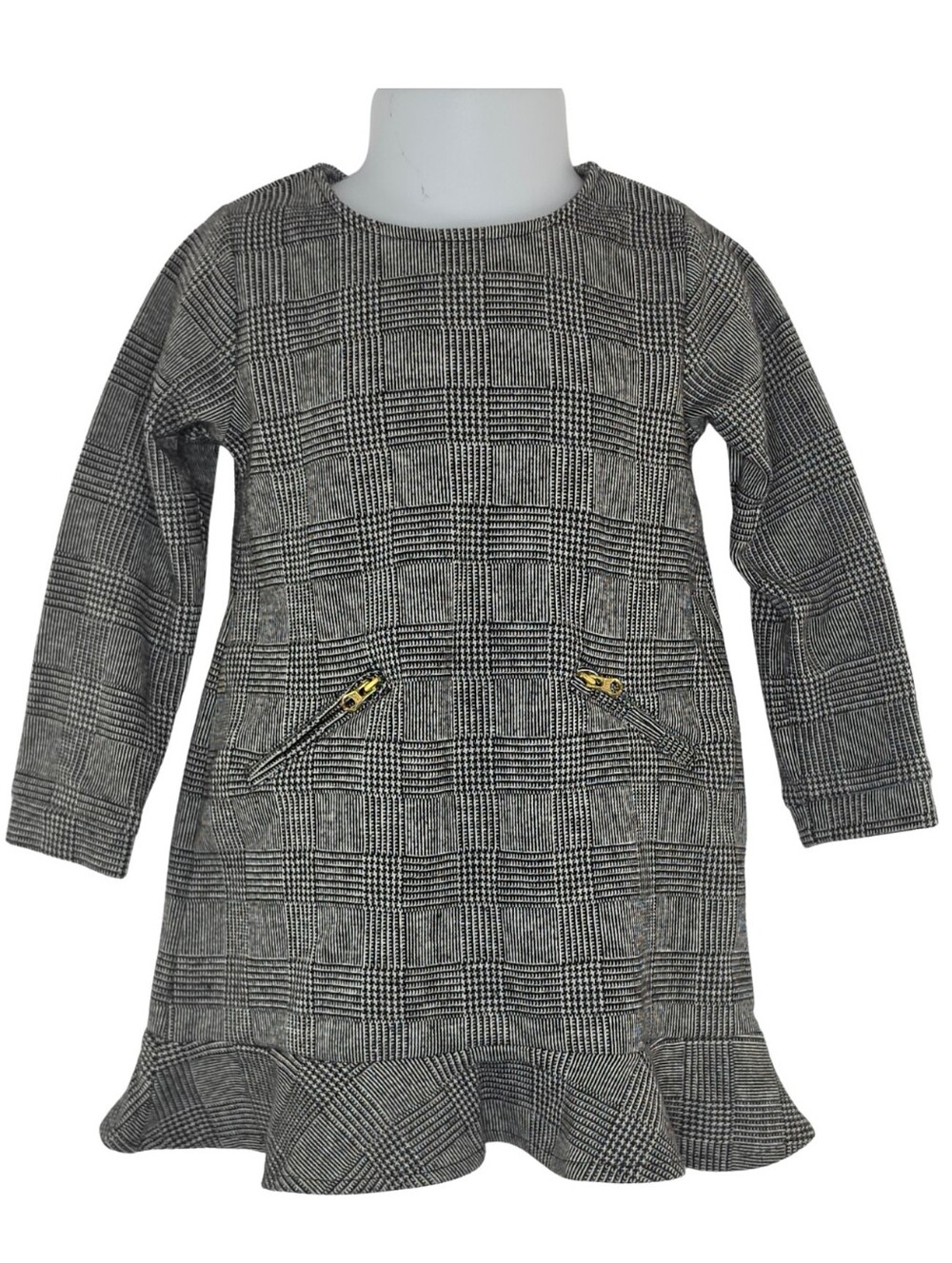 Polarn O. Pyret 18-24m B/W Plaid Long-Sleeve Ruffle Hem Dress 2470-